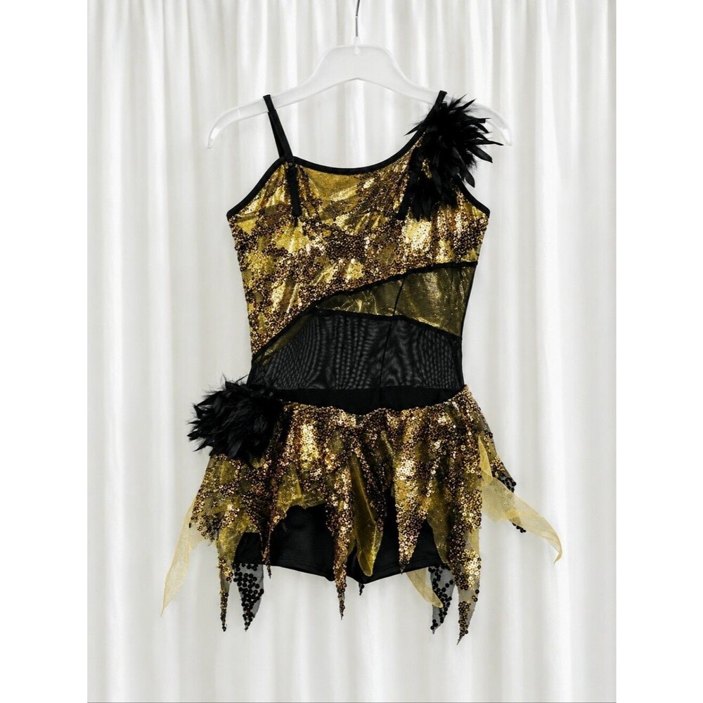 Curtain Call Black Gold Tulle Sequins Feathers Sheer Midriff Performance Costume